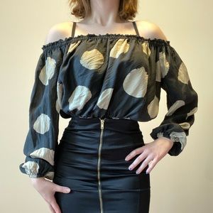 MICHAEL KORS OFF THE SHOULDER POLKADOT SILK BLOUSE